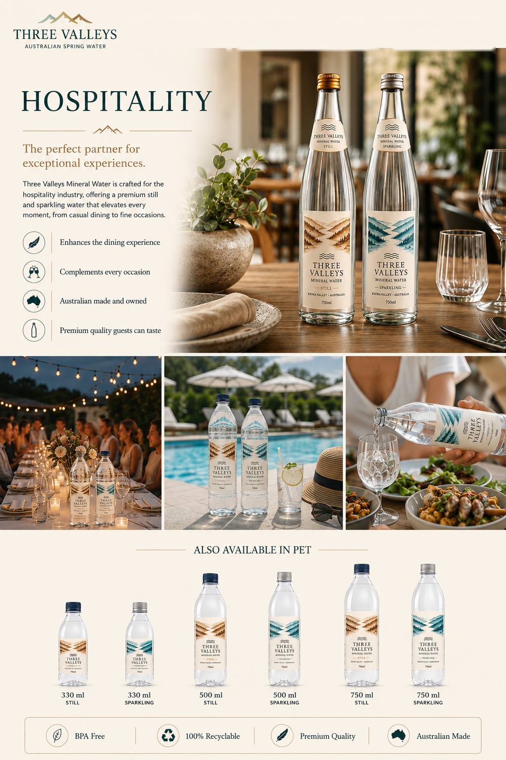 Hospitality page design for Three Valleys Mineral Water