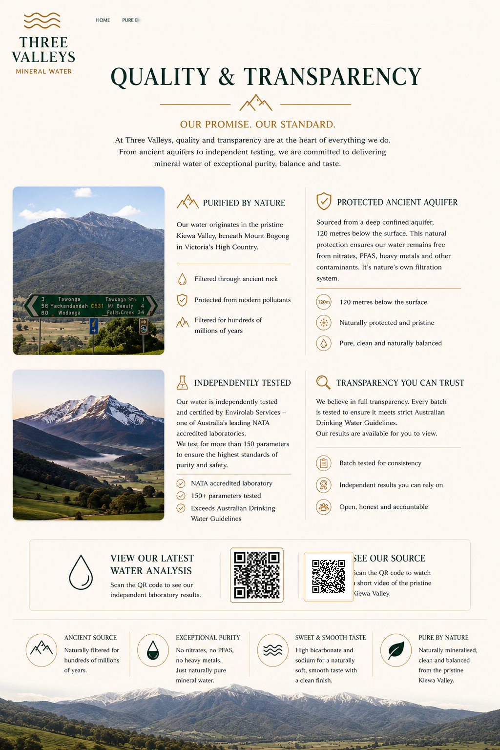 Quality & Transparency page design for Three Valleys Mineral Water